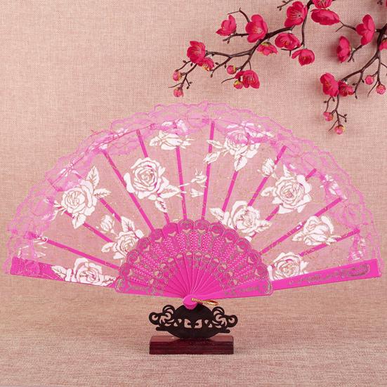 Rose Lace Folding Fan with Tassel Vintage Wedding Dance Performance Photo Props Portable Summer Hand Held Fan Party Supplies Gift