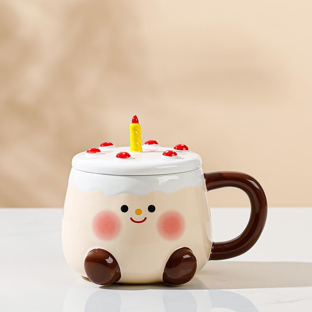 High Looking Cake Ceramic Cup for Girls Cute Cartoon Home Set of Mug with Lid Coffee Cup Gift Box