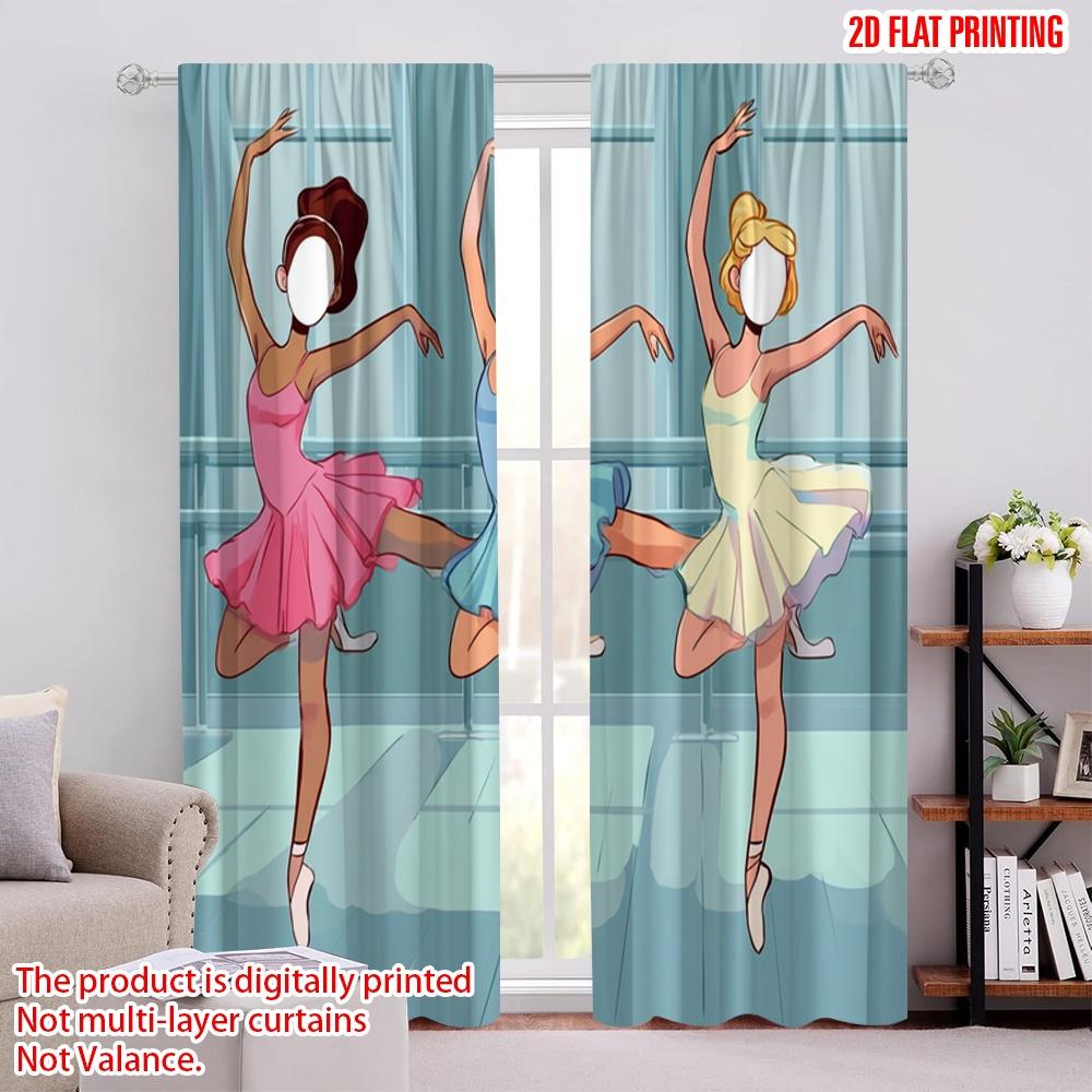 2Pcs,2D Plane Printing Minimalist Curtains Female Dance Polyester Woven (Without Rod) Home Decor Perfect For Bedroom, Office,