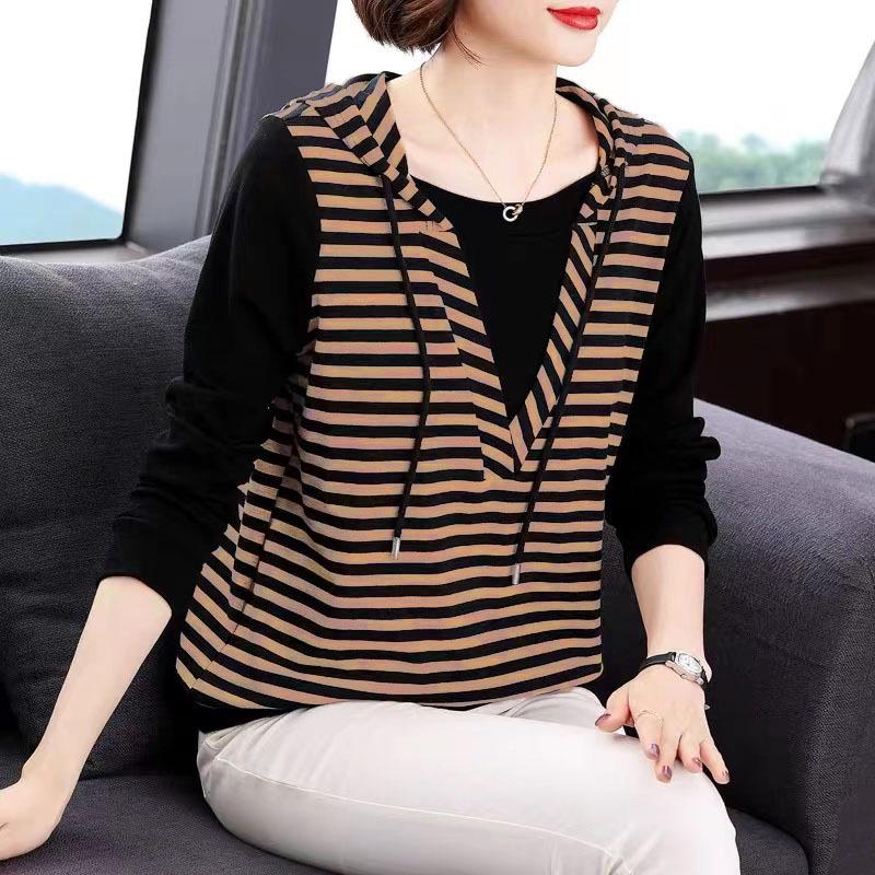 2023 Autumn Hooded Striped Patchwork Two-Piece Style Women's Loose Top