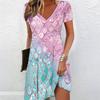 Summer Fashion Women's V Neck Short Sleeve Texture Pattern Printed  Dress Sex Short Skirt Dresses