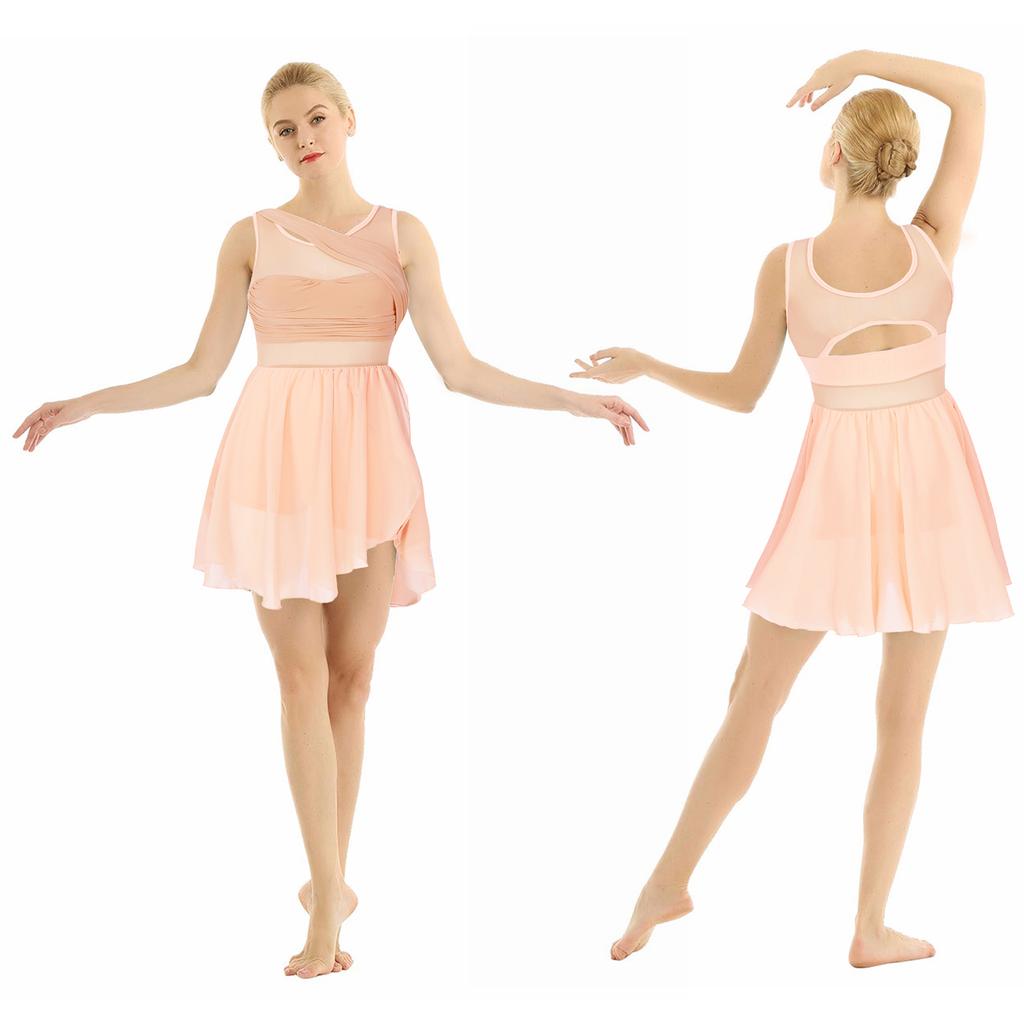 Женское платье-купальник без рукавов с вырезом, асимметричное, из шифона, эластичное, для балета, гимнастики, соревнований по танцам