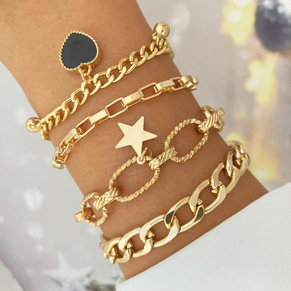 4 шт. \ богемный женский золотой браслет с кисточками, элегантный браслет со звездами, геометрические бусины в виде листьев, многослойный браслет, набор браслетов с подвесками