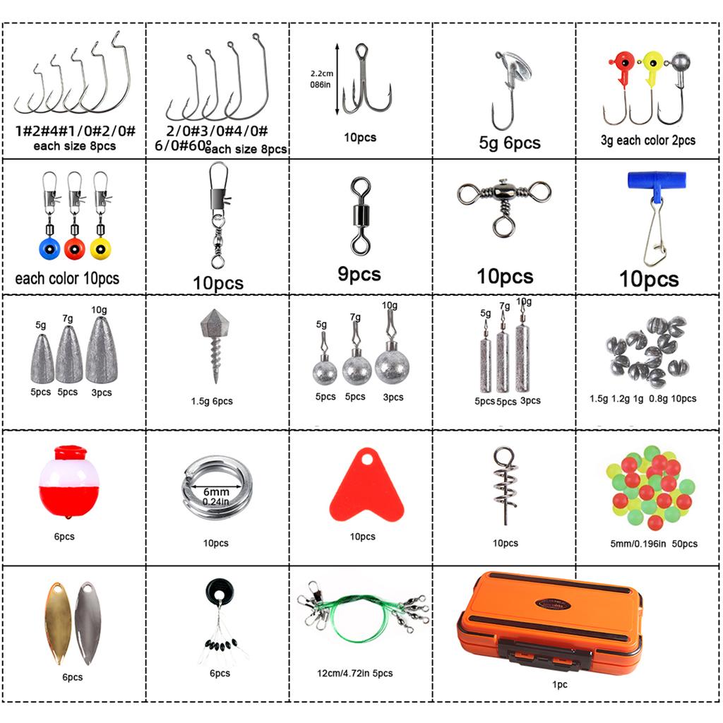 Набор рыболовных аксессуаров, 343 шт., включая коробку для снастей, рыболовные крючки, грузила, джиг-головки, вертлюги для ствола