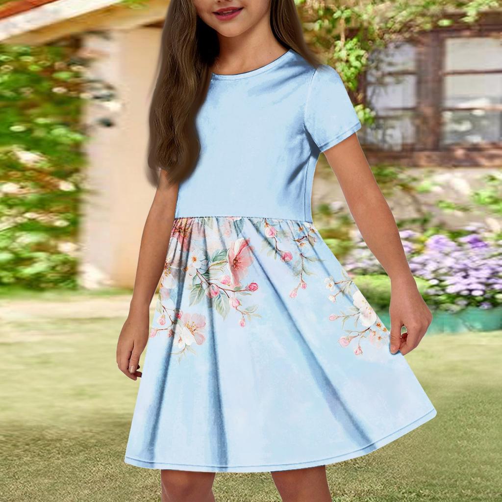 Летнее платье для девочек, однотонное платье без рукавов с принтом и карманом, повседневное платье, вечернее платье с короткими рукавами