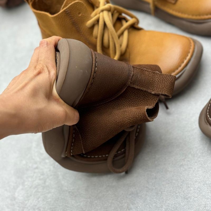 Johnature Ретро-ботинки из натуральной кожи, короткие, с широким носком, со шнуровкой, из коровьей кожи, с мягкой подошвой, женские ботинки