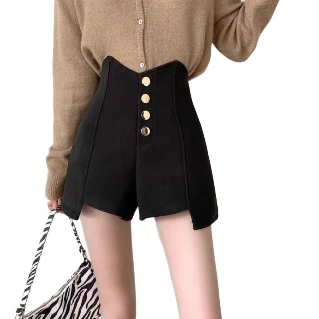 Женские черные шорты А-силуэта с высокой посадкой и пуговицами, весна/лето 2025