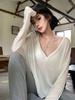 Women's Sheer White V-Neck Long-Sleeve Summer Blouse - Loose Fit, Sun Protection, Casual Top