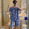Men Pajamas Short-Sleeved Shorts Pajama Sets Blue Cartoon Bear Sleepwear Round Neck Youth Cotton Silk Loungewear