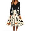 Women Casual Halloween Print V Neck Vintage Dress Long Sleeve Retro Style A Line Skater Dress with Waist Tie for Seasonal Events