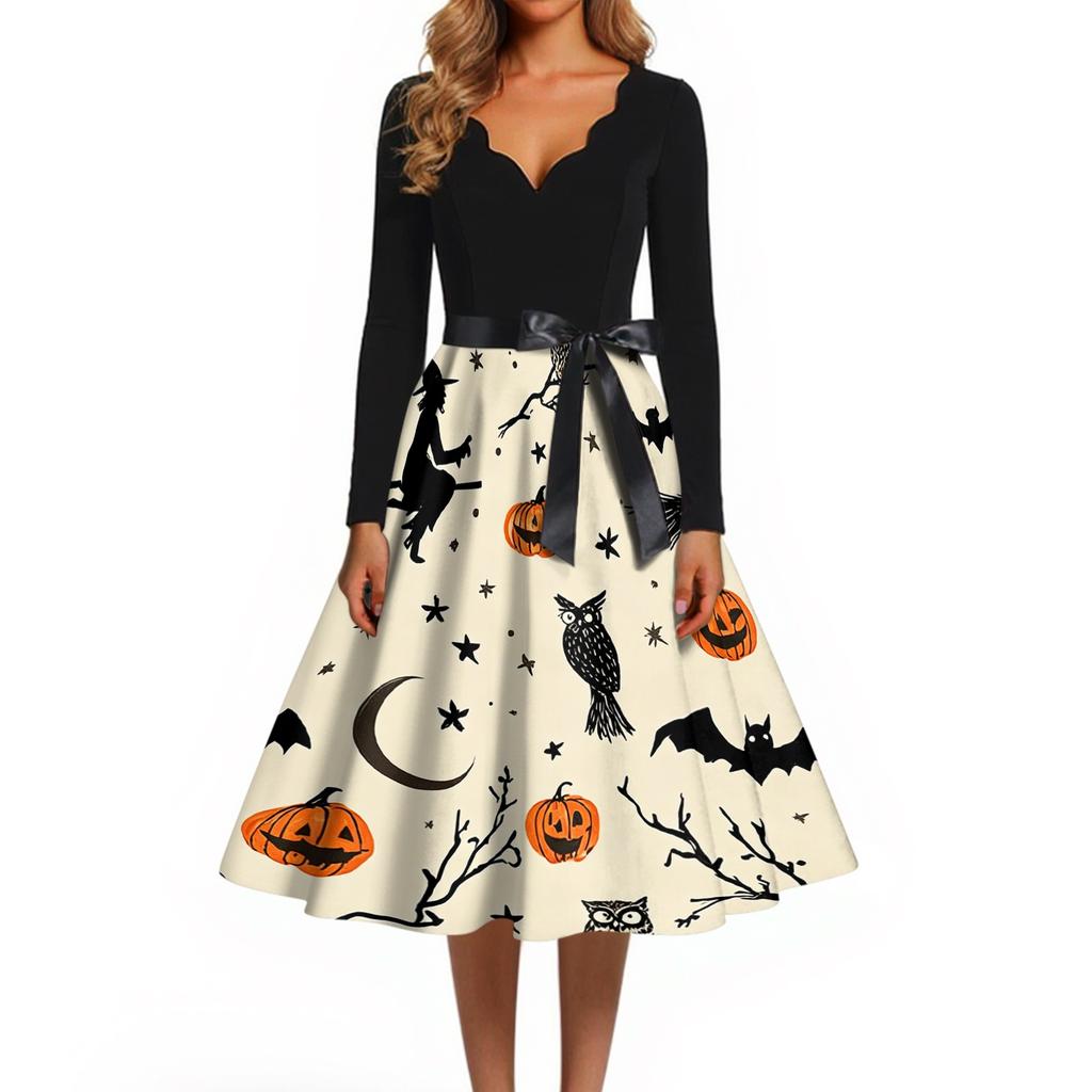Women Casual Halloween Print V Neck Vintage Dress Long Sleeve Retro Style A Line Skater Dress with Waist Tie for Seasonal Events