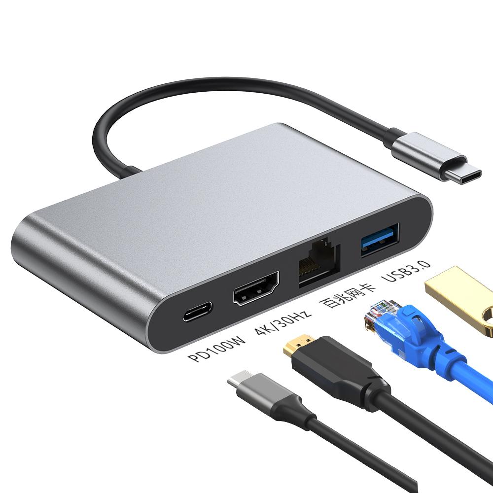 4 in 1 Usb-c Hub Adapter Type-c to 4k HD Converter Ethernet Usb 3.0 PD Hub for Mac Book Hub