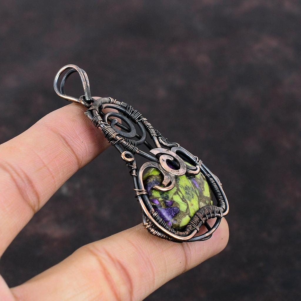 Медный кулон стихтитом, обернутый медной проволокой, кулон ручной работы из меди, кулон с настоящим драгоценным камнем, подарок на годовщину, ювелирные изделия стихтитом