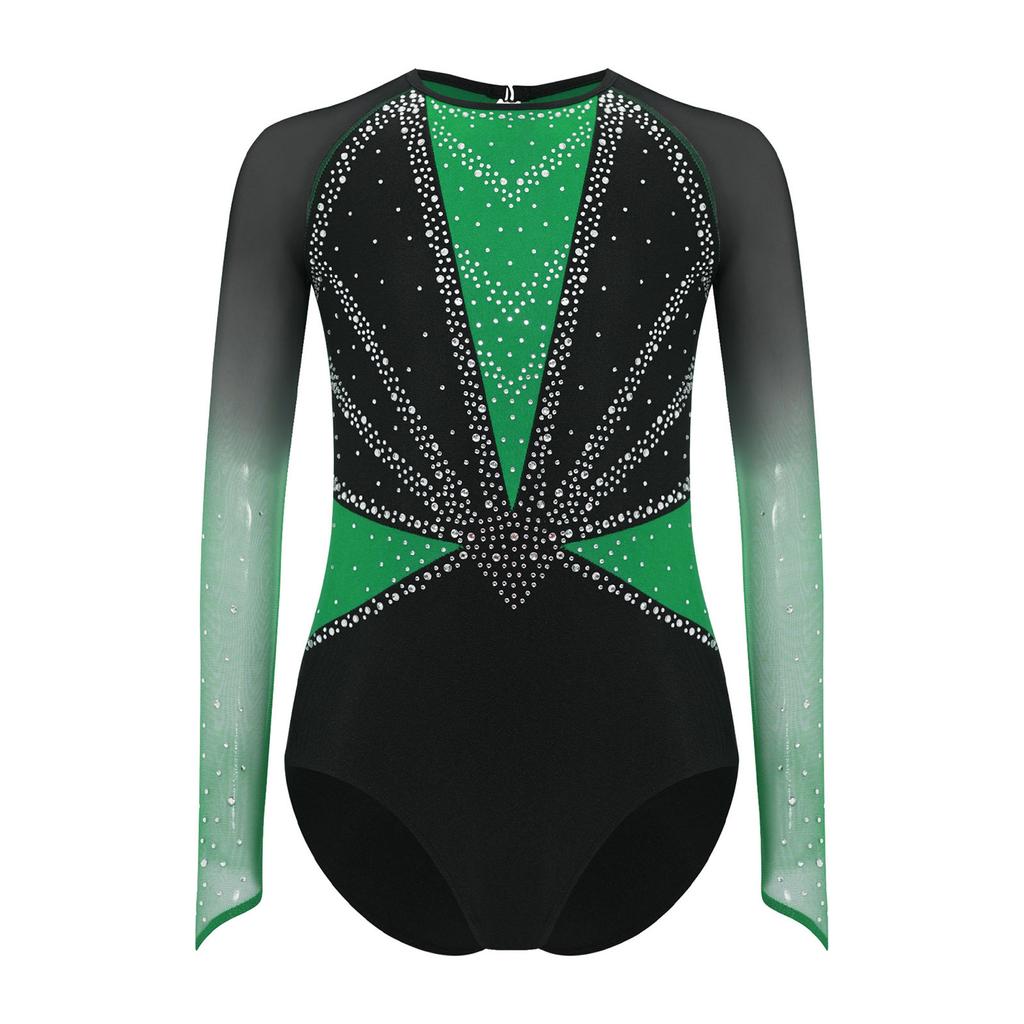 Girls Gymnastics Leotard Sheer Mesh Long Sleeve Keyhole Back Shiny Rhinestones Color Block Costume