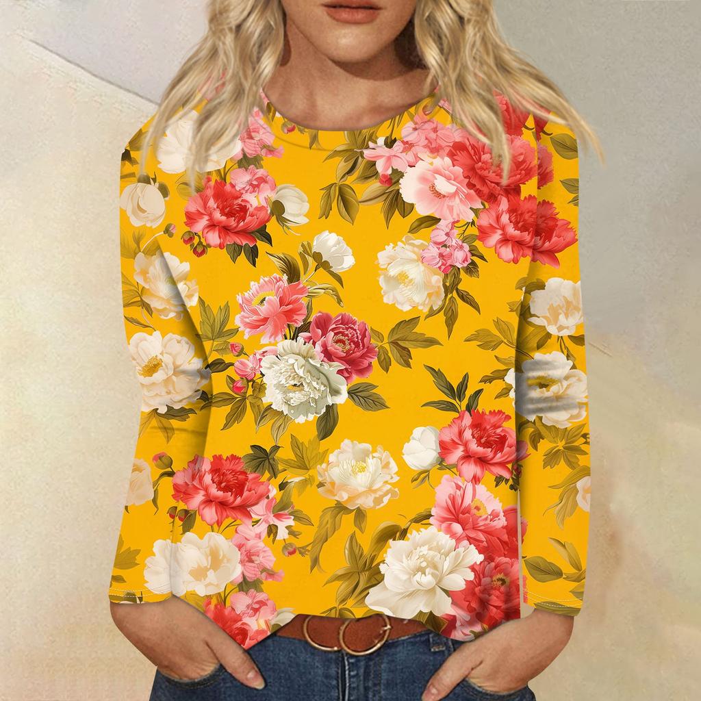 Женская мода Повседневная ретро-принт с круглым вырезом и длинным рукавом Декоративная футболка Топ