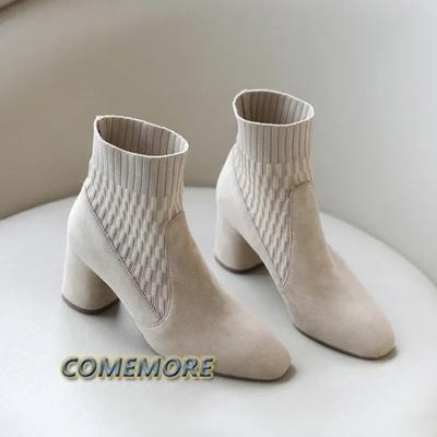 Модные остроносые ботильоны, зимние женские новые повседневные ботинки челси, удобные вязаные носки на среднем каблуке, женские сапоги из искусственной замши на каблуках