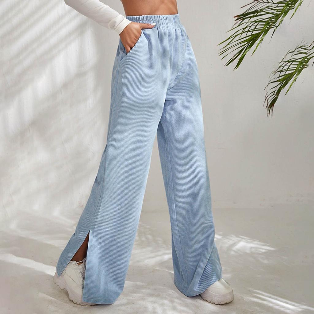 Women's High Waisted Casual Solid Color Corduroy Splicing Slit Hem Pants