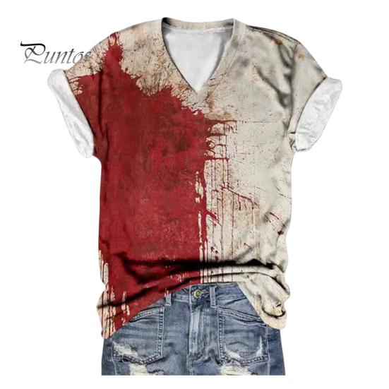 Женская футболка с V-образным вырезом и коротким рукавом, футболка с принтом крови на Хэллоуин, тонкая эластичная, для косплея, фестивалей, пуловеры, топы