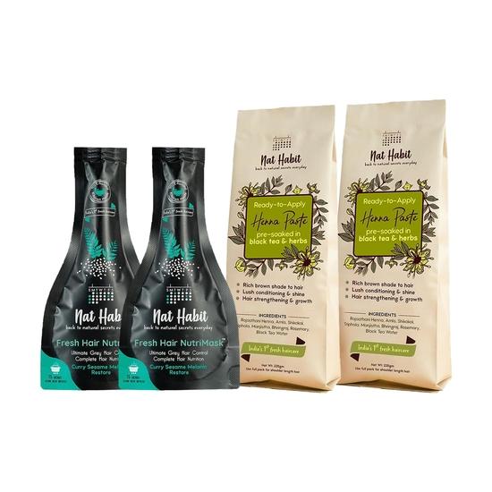 Nat Habit Готовая к применению паста из хны и питательная маска с кунжутом и карри. Идеальное сочетание для контроля за вьющимися волосами и глубокого кондиционирования. (Комбинированный набор из 4 штук)