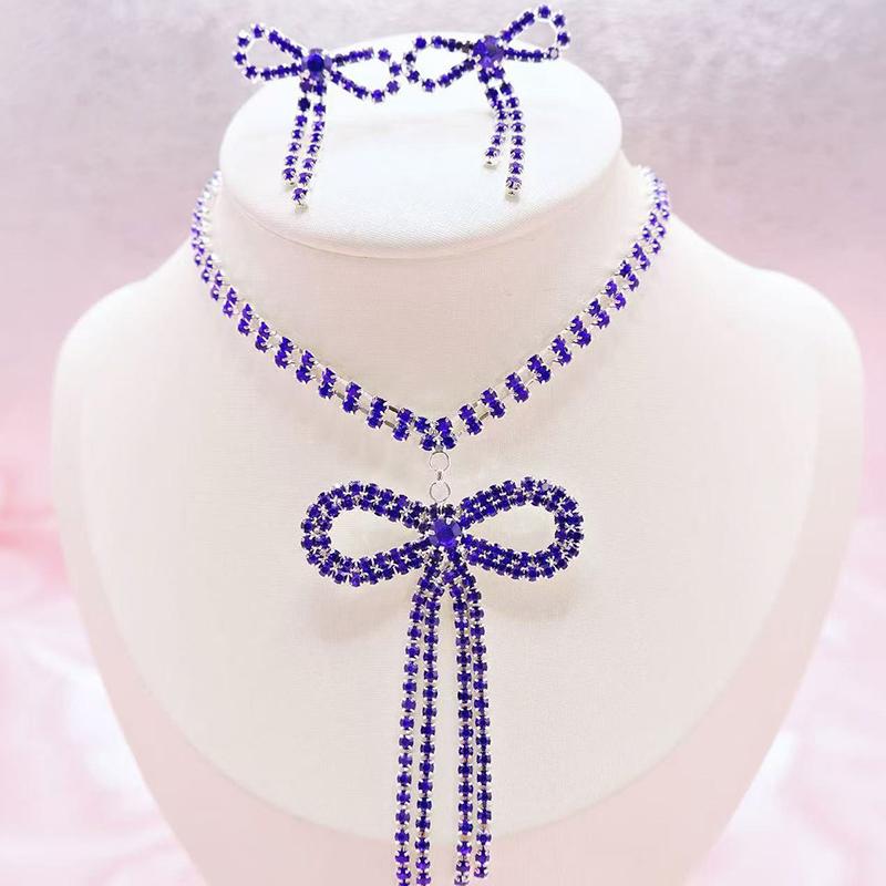 1Set Versatile Bow Design Earrings Necklace Set For Women Girls Vintage Necklace Drop Earrings Wedding Jewelry Gifts