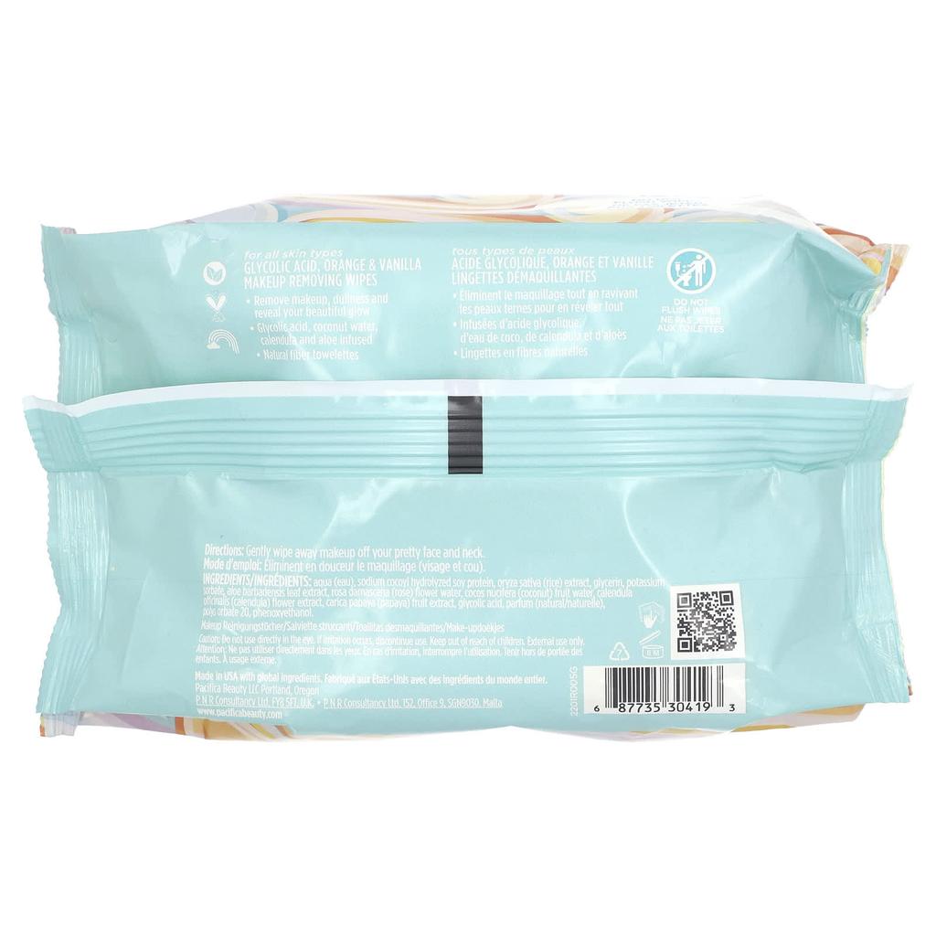 Pacifica Салфетки для снятия макияжа, сияющие, гликолевая кислота, апельсин и ваниль, 30 влажных полотенец