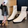 Fashion Winter White Wool Snow Boots Women's Thickened Fleece-lined Mid-calf Boots Thin Heel Square Toe Cotton  Shoes for Women
