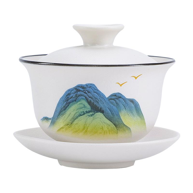 Meijinguo Tide Landscape Ceramics Sancai Cover Bowl Teacup Household Not Hot Kung Fu Tea Set Single High-end Tea Bowl