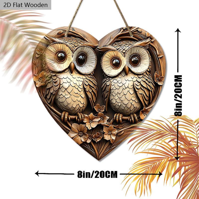 Vintage Couple Owl Wooden Sign with Heart-shaped, Love Ornament for Front Door Wall Hanging Decor, Ideal Home Ornament