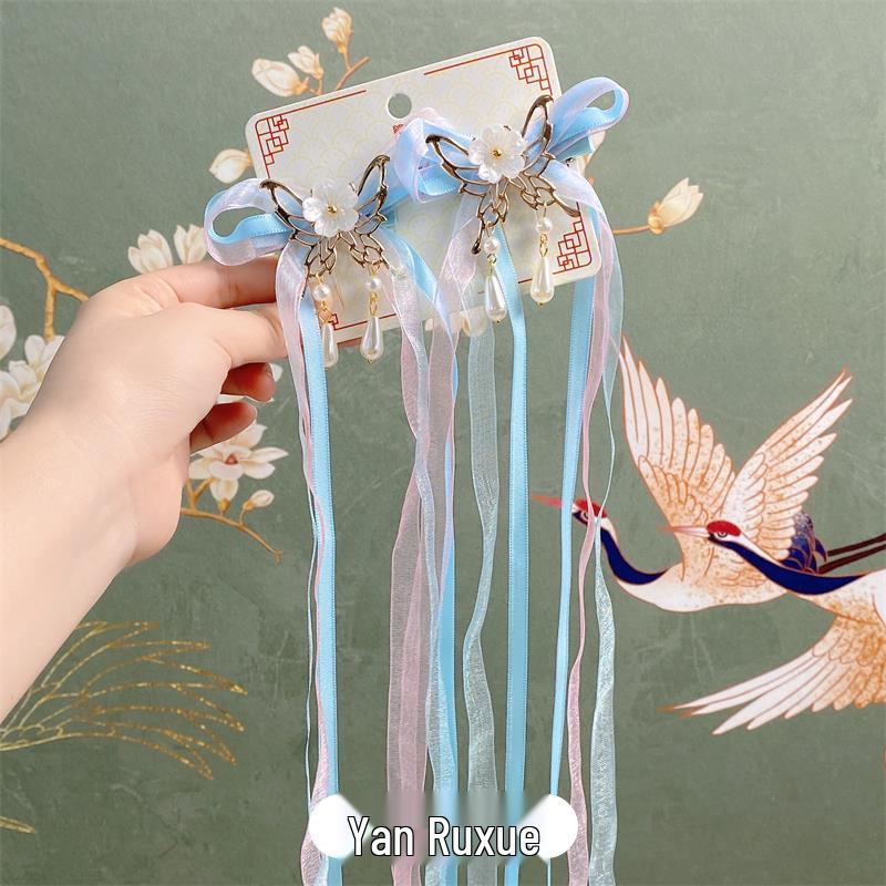 Детские аксессуары для волос в стиле ханьфу: Сказочная заколка-гребень с бабочкой и кисточками и набор заколок для волос с лентами