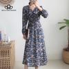 Женское осенне-весеннее синее длинное платье с v-образным вырезом и длинными рукавами с цветочным принтом, повседневное элегантное платье с принтом Florla