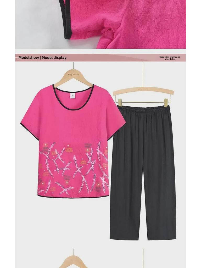 Летние двухкомпонентные топы из хлопка и льна для женщин 60-70 лет - Короткий рукав