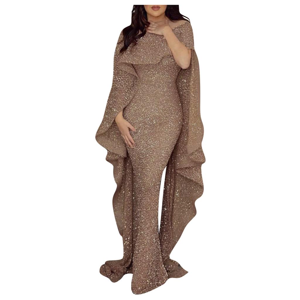 Women's Sexy Solid Color Short Sleeve Sling Sequin Long Full Dress With Cloak