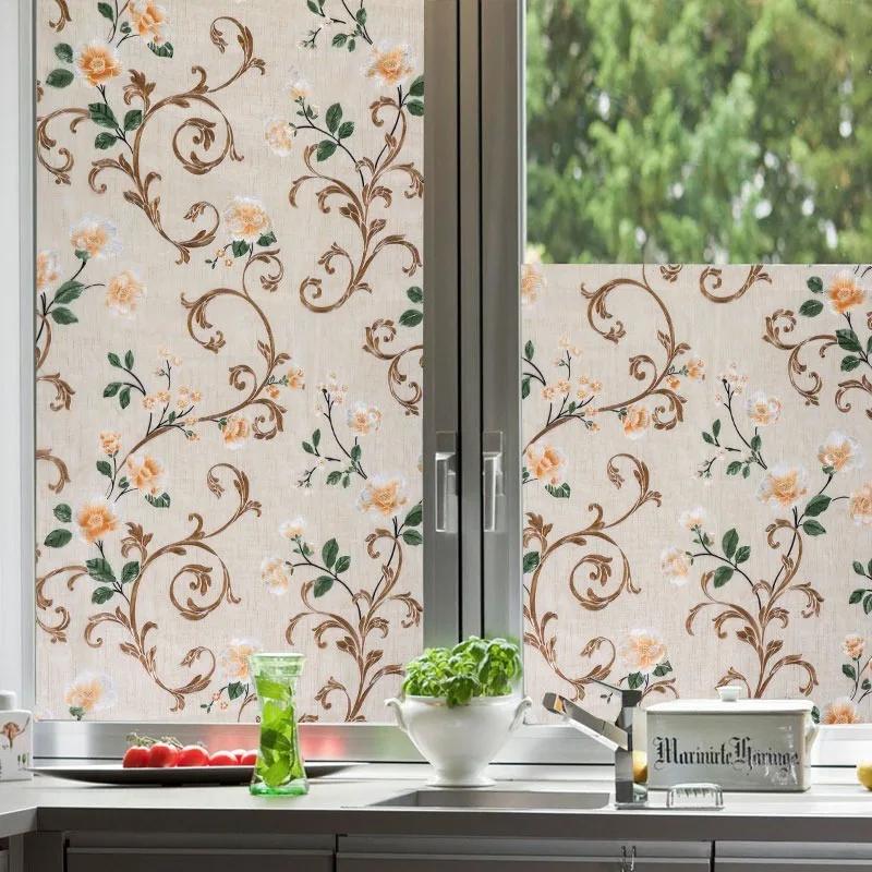 2/3 м Цветочная оконная пленка Виниловая непрозрачная стеклянная пленка Защита конфиденциальности Стеклянные 3D-наклейки Витражные стеклянные пленки Украшение дома