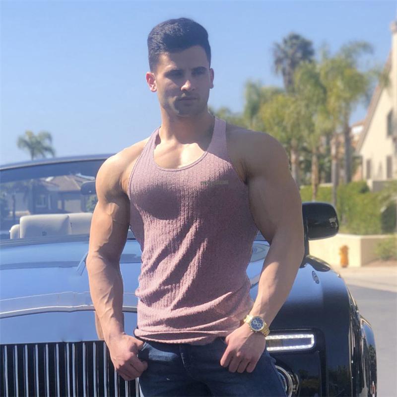 Muscleguys Спортивный зал Бодибилдинг Вязаные полоски Майки Летние Дышащие Быстросохнущие Без рукавов Мужские Фитнес Мышцы Приталенный Крой Спортивные жилеты