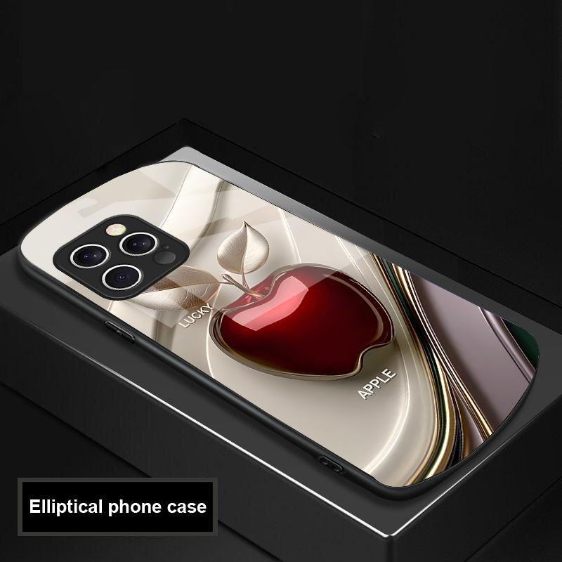 Счастливый черный яблочный чехол для iPhone 16 Pro Max 15 Pro 14 13 12 Mini 11 XS Max XR 7 8 Plu SE 2022 Эллиптический стеклянный чехол для телефона