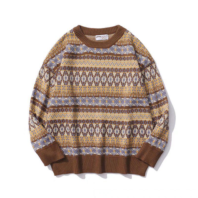 Men's Retro Japanese Winter Thick Color Block Round Neck Jacquard Sweater - Unisex, Loose Fit.