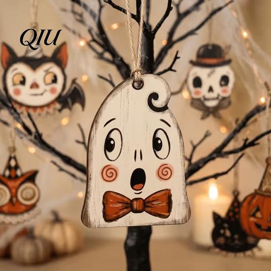 Halloween Wooden Ornaments 6 Pcs Vintage Ornaments, Rustic Farmhouse Cat Owl Pumpkin Hanging Decorations for Party Ghost Tree Home Decor Style