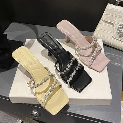 Красивые туфли-шлепанцы на высоком каблуке-стилетто с открытым носком и стразами, женские, с квадратным носком, в сказочном стиле, для ношения с юбкой, леди