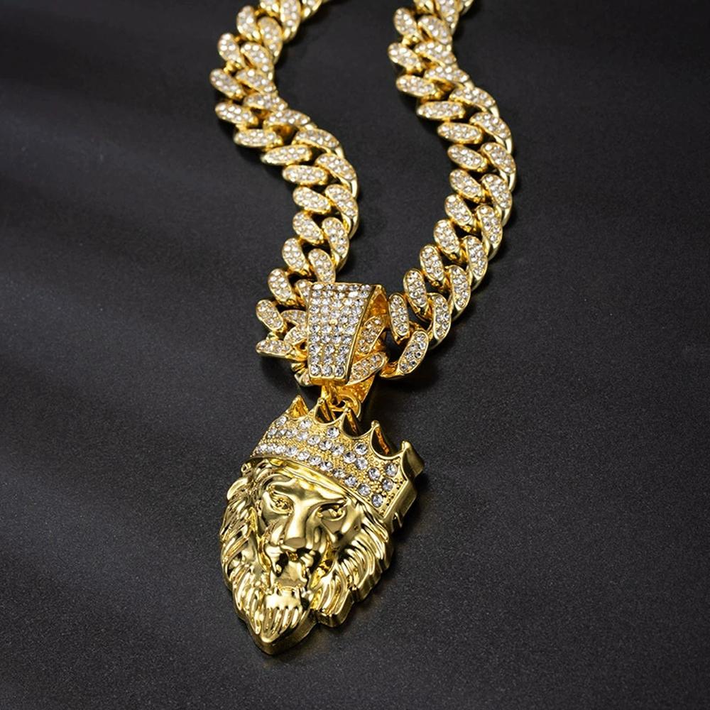 Men's Hip Hop 3D Crown Lion Head Pendant Necklace, with 13mm Cuban Chain Animal Lion Head Rock Necklaces Fashion Punk Jewelry