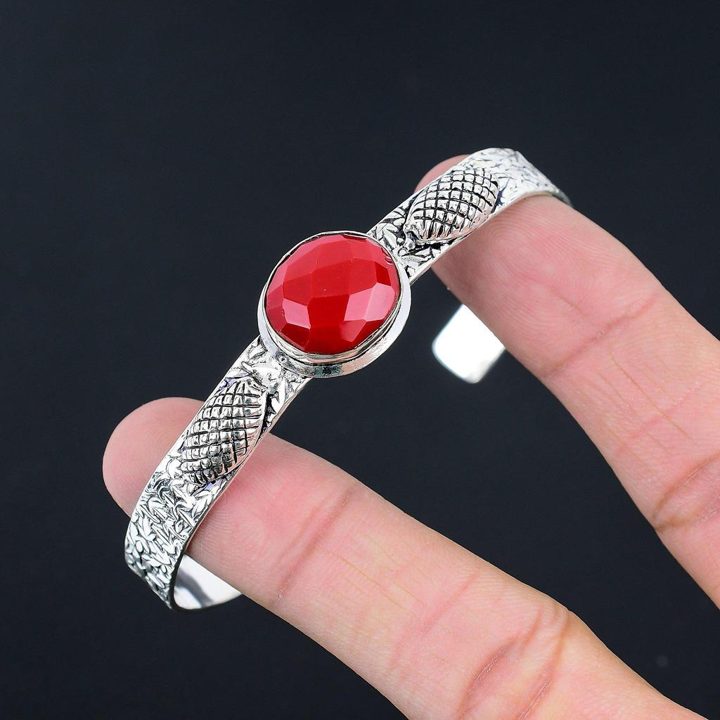 Daughters Day Deal Italian Red Coral Stone 925 Sterling Silver Bangle Jewelry
