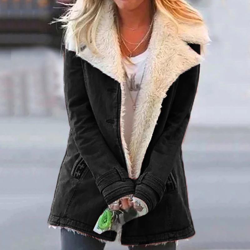 Женские осенне-зимние теплые куртки с отложным воротником на подкладке из искусственного меха, женская мода, толстые куртки с лацканами, верхняя одежда с пуговицами, большие размеры