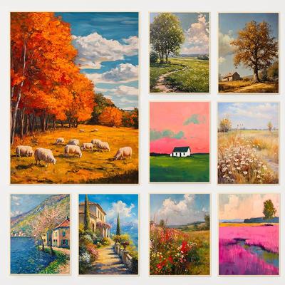 Красочный постер с пейзажем луга Минималистичная природа Поле диких цветов Деревенская картина на холсте Настенное искусство Ферма Гостиная Домашний декор