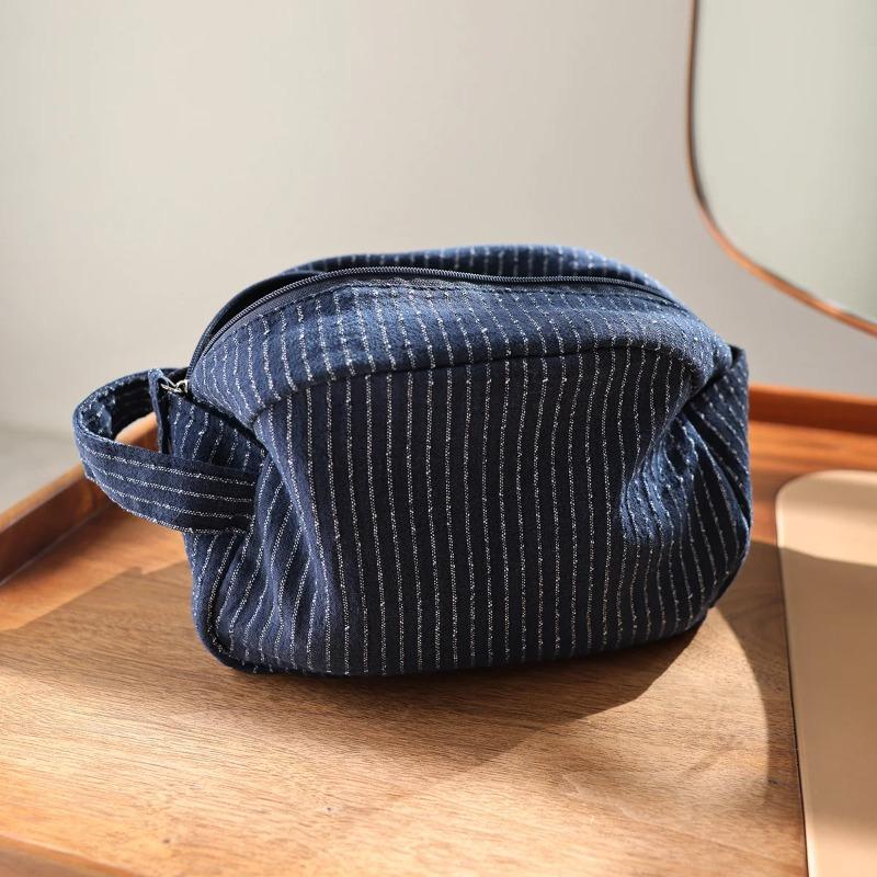Classic striped large capacity portable cosmetic bag cotton linen fabric dark zipper skin care travel portable storage bag