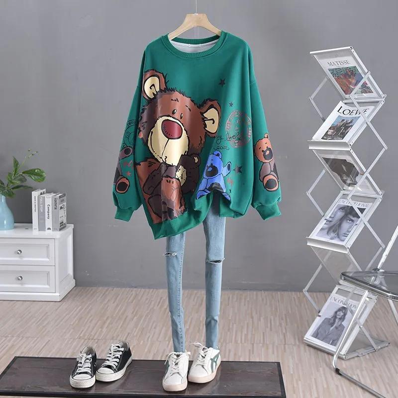 Толстовка женская осенняя, большого размера, с длинным рукавом, свободная, повседневная, топ с мультяшным медведем, повседневный свитер средней длины