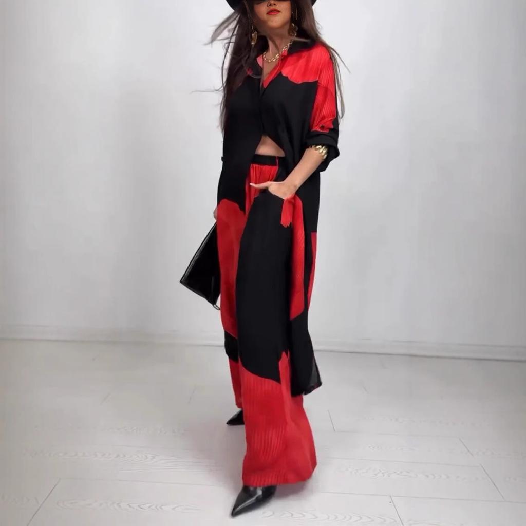 Женский комплект из длинной рубашки свободного кроя и брюк широкого кроя, повседневный костюм-двойка бежевого цвета с серым узором