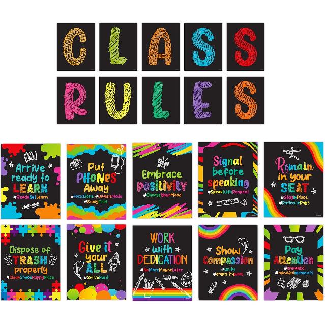 Decorably 20 Chalkboard Classroom Rules Poster High School, Middle and Elementary Class, pirational, Matte-Laminated School Banner Decor - for School