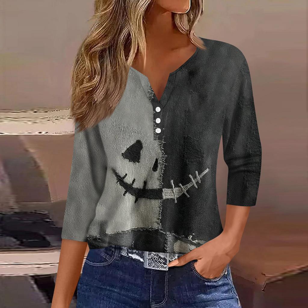Women's Fashion Button-Up V-Neck Three-Quarter Sleeve Halloween Print Top