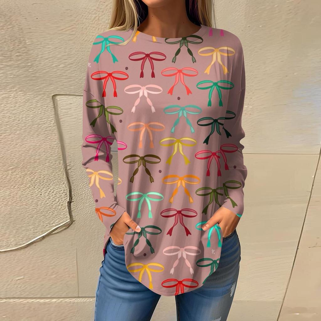 Women's Loose Casual Bow Printed Round Neck Long Sleeved T Shirt Top Pullover Long Sleeved Sweatshirt
