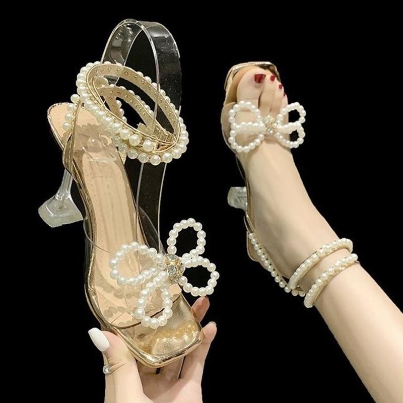 Женская обувь Туфли Квадратные прозрачные бокалы для вина и босоножки на высоком каблуке с жемчужным стразами и бантом