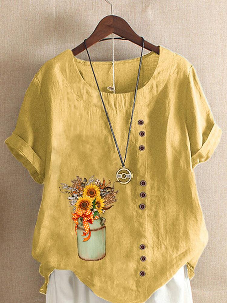 Women's Fashion Flower Vase Printing Casual Cotton Linen Short Sleeve Round Neck T-shirt Shirt Leisure Loose Summer Blouse Tops